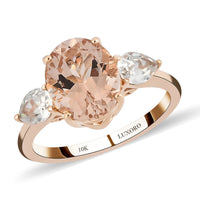 LUXORO 10K Rose Gold Premium Marropino Morganite and Natural White Zircon 3 Stone Ring 2.30 Grams 3.00 ctw