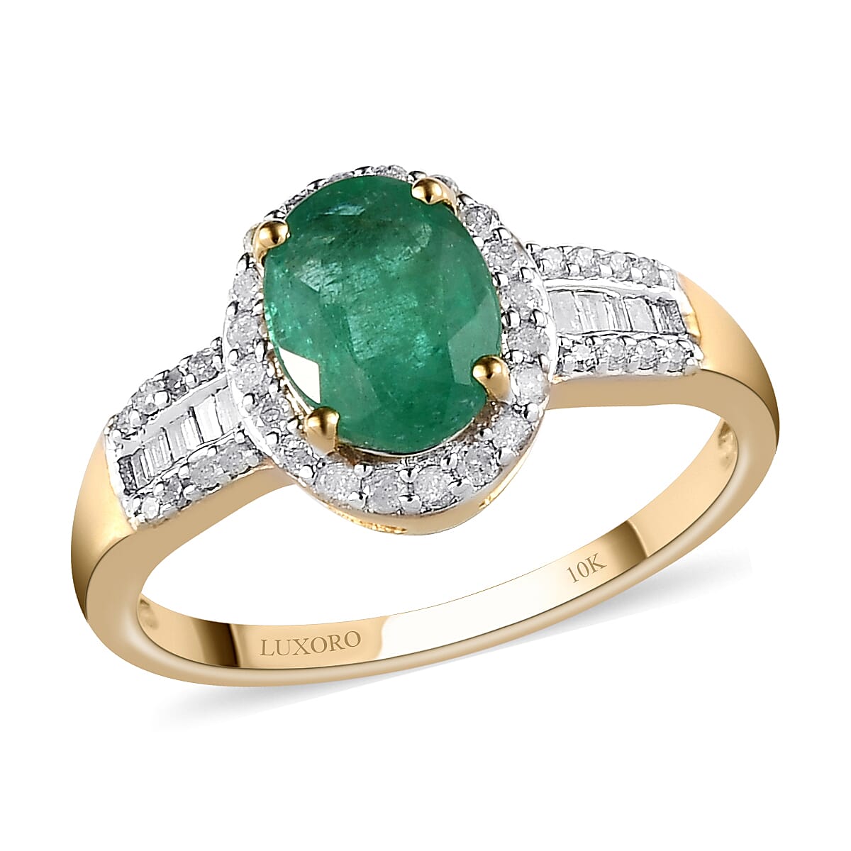 LUXORO 10K Yellow Gold AAA Kagem Zambian Emerald and Diamond Halo Ring (Size 6.0) 2.40 Grams 1.40 ctw