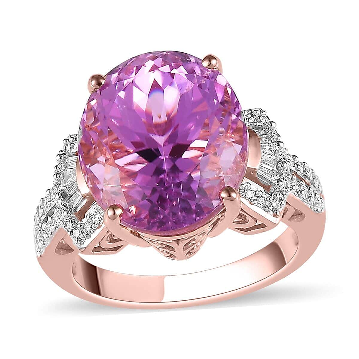 ILIANA 18K Rose Gold AAA Patroke Kunzite and G-H SI Diamond Ring 6.90 Grams 12.30 ctw