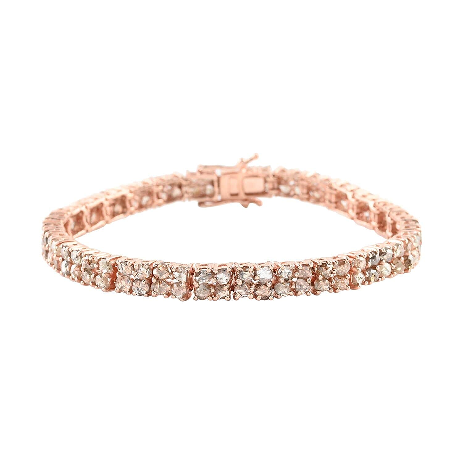 Rose Cut Natural Champagne Diamond Two Row Bracelet in Vermeil Rose Gold Over Sterling Silver (7.25 In) 14.60 Grams 8.50 ctw
