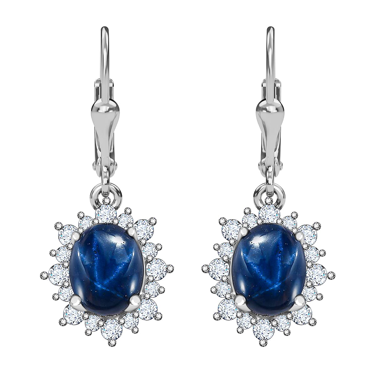 Premium Thai Blue Star Sapphire and Moissanite Sunburst Dangle Earrings in Platinum Over Sterling Silver 6.15 ctw