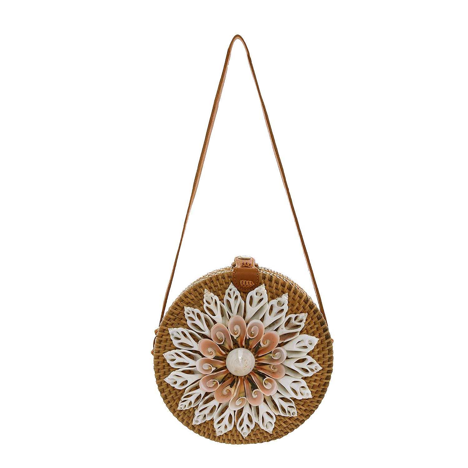 Brown Handcrafted Rounded Rattan Crossbody Bag (7.87"x7.87"x2.76") with Leather Strap