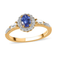 AAA Tanzanite and Natural White Zircon Halo Ring in Vermeil Yellow Gold Over Sterling Silver 0.75 ctw
