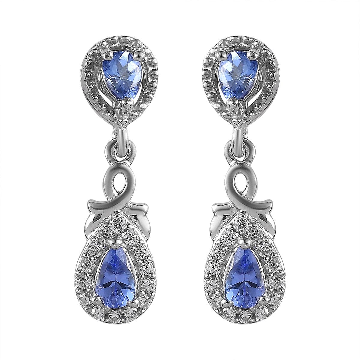 AAA Tanzanite and White Zircon 1.10 ctw Earrings in Platinum Over Sterling Silver