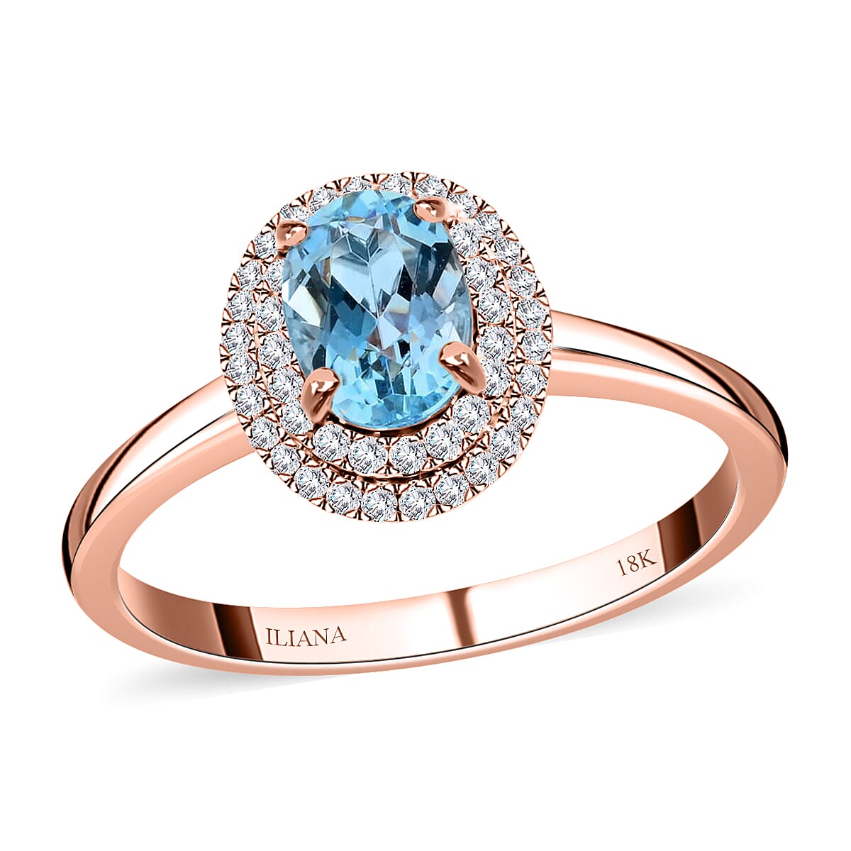 Doorbuster Certified & Appraised ILIANA 18K Rose Gold AAA Santa Maria Aquamarine and G-H SI Diamond Double Halo Ring 1.00 ctw