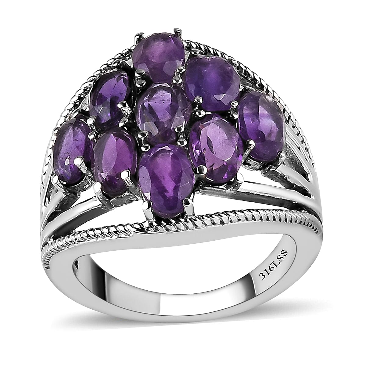 Amethyst Multi Shank Ring in Stainless Steel 3.50 ctw