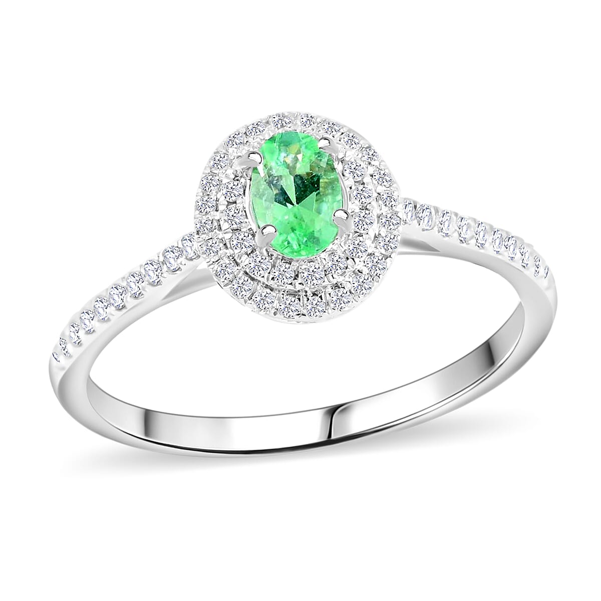 Doorbuster Certified & Appraised RHAPSODY 950 Platinum AAAA Paraiba Tourmaline and E-F VS Diamond Double Halo Ring 3.46 Grams 0.60 ctw