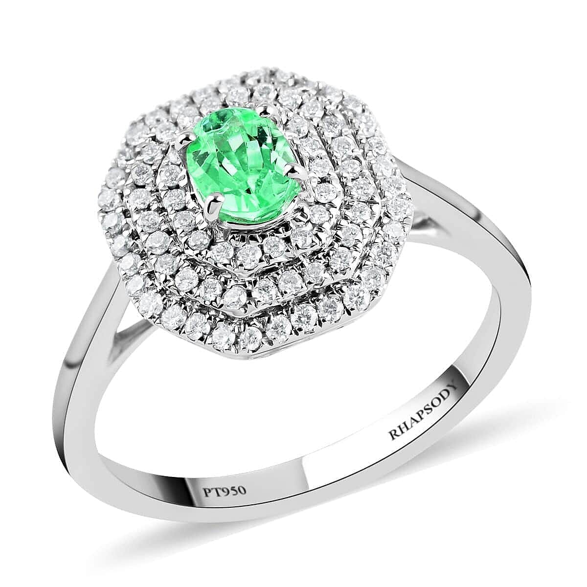 Certified & Appraised RHAPSODY 950 Platinum AAAA Paraiba Tourmaline and E-F VS Diamond Double Halo Ring 5.35 Grams 0.70 ctw