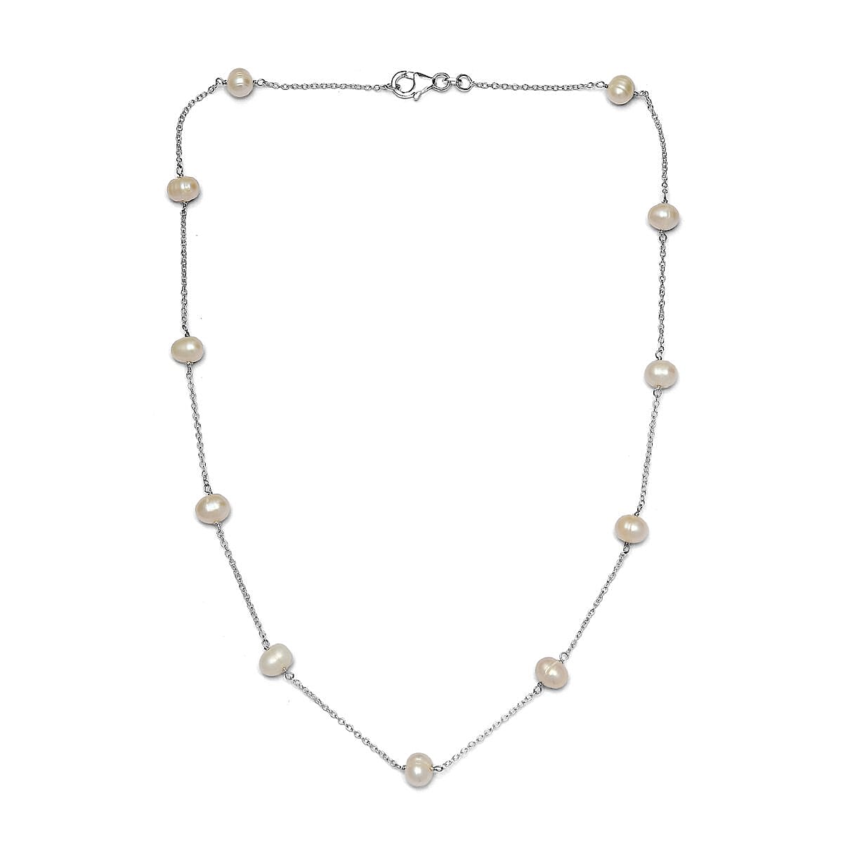 White Freshwater Pearl Station Necklace 18 Inches in Sterling Silver