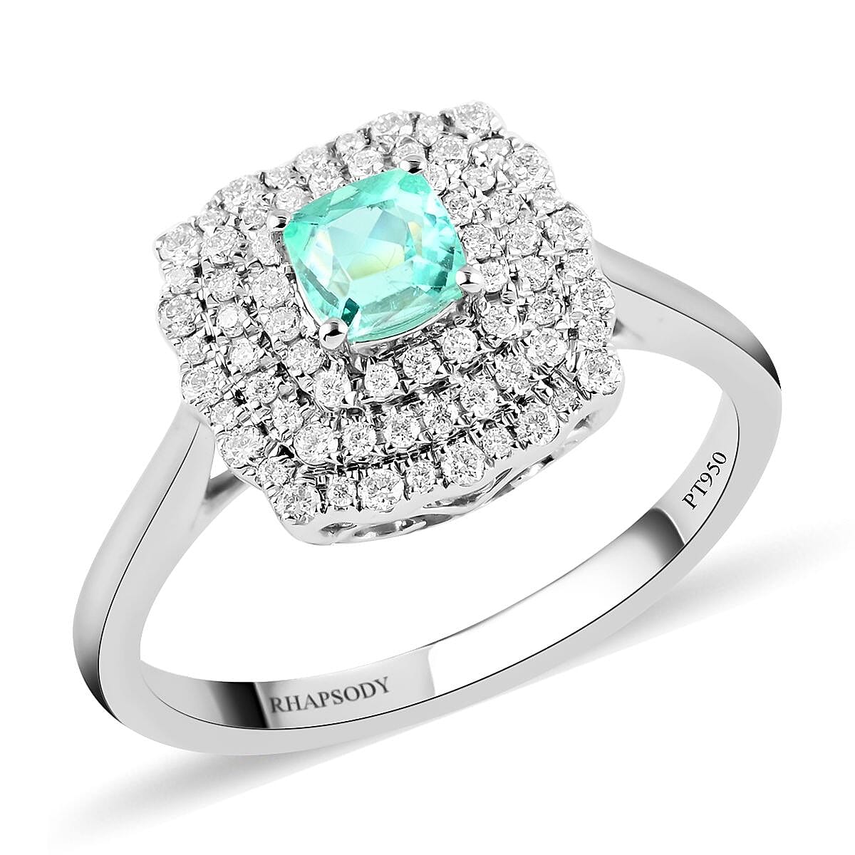 Doorbuster Certified & Appraised RHAPSODY 950 Platinum AAAA Paraiba Tourmaline and E-F VS Diamond Ring 5.32 Grams 0.65 ctw