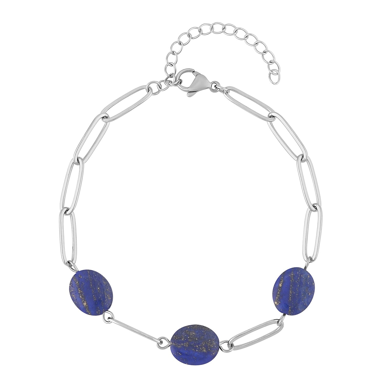 Lapis Lazuli Paper Clip Chain Station Bracelet in Stainless Steel (7.50-9.50In) 18.00 ctw