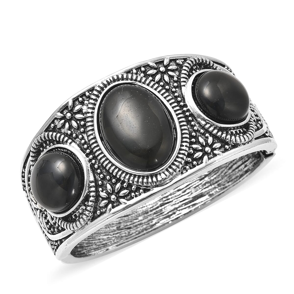 Black Agate Bangle Bracelet in Black Oxidized Silvertone (7 In) 55.00 ctw