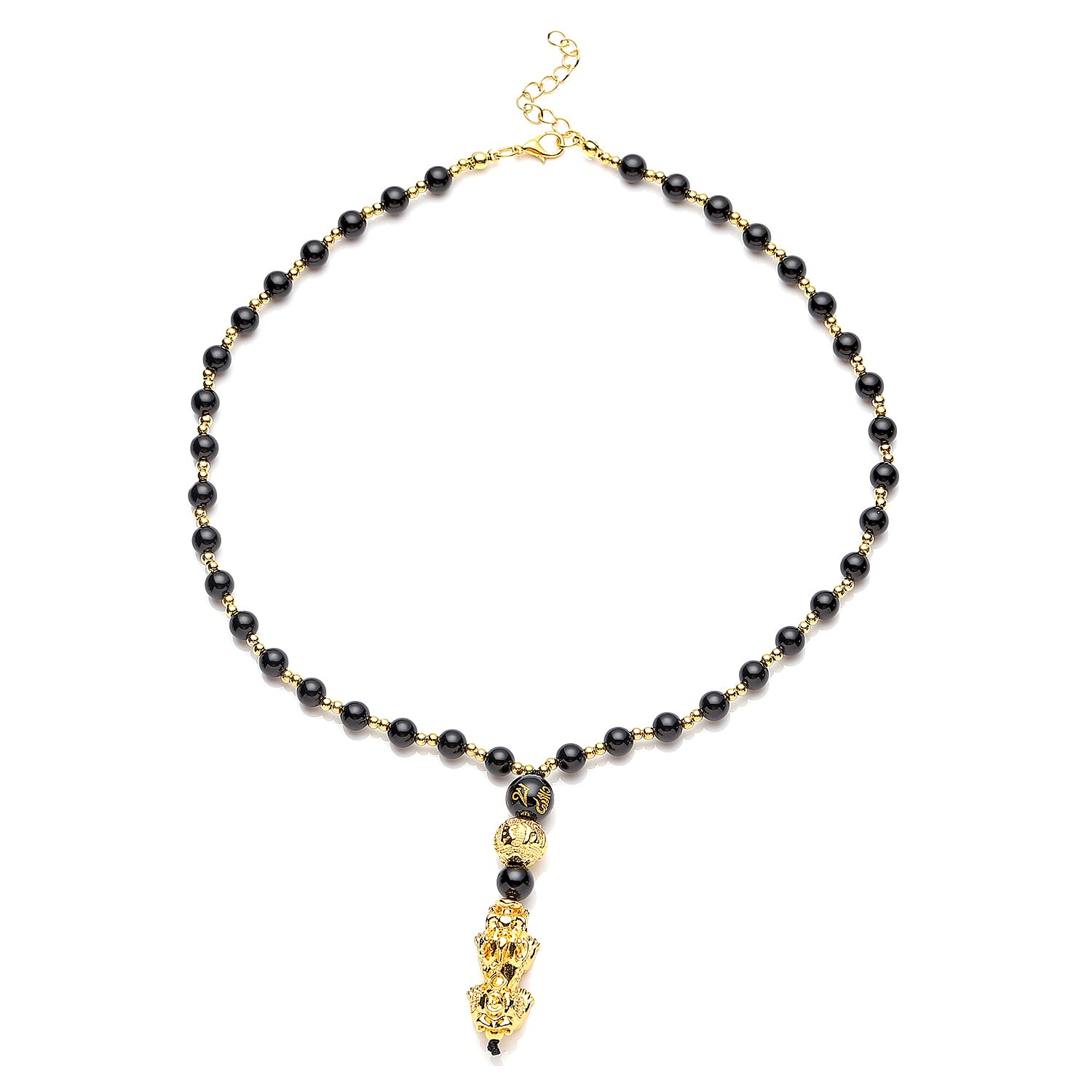 Feng Shui Black Obsidian Beaded with Pi Xiu Pendant Necklace (18 Inches) in Goldtone 90.50 ctw