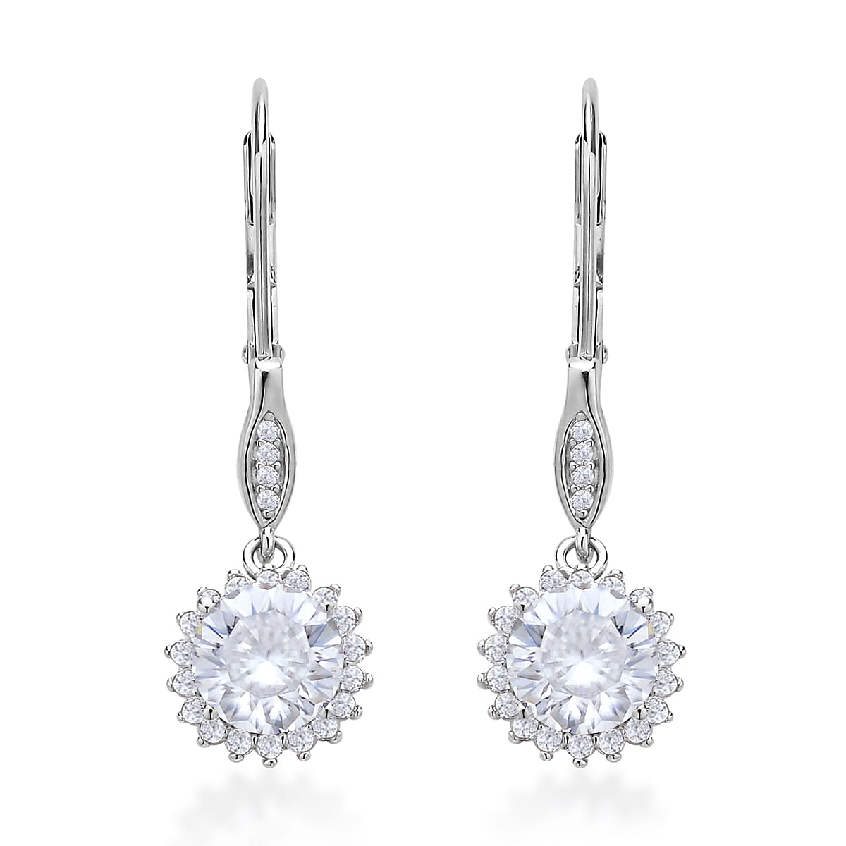 Shield Cut Moissanite Sunburst Earrings in Rhodium Over Sterling Silver 3.00 ctw