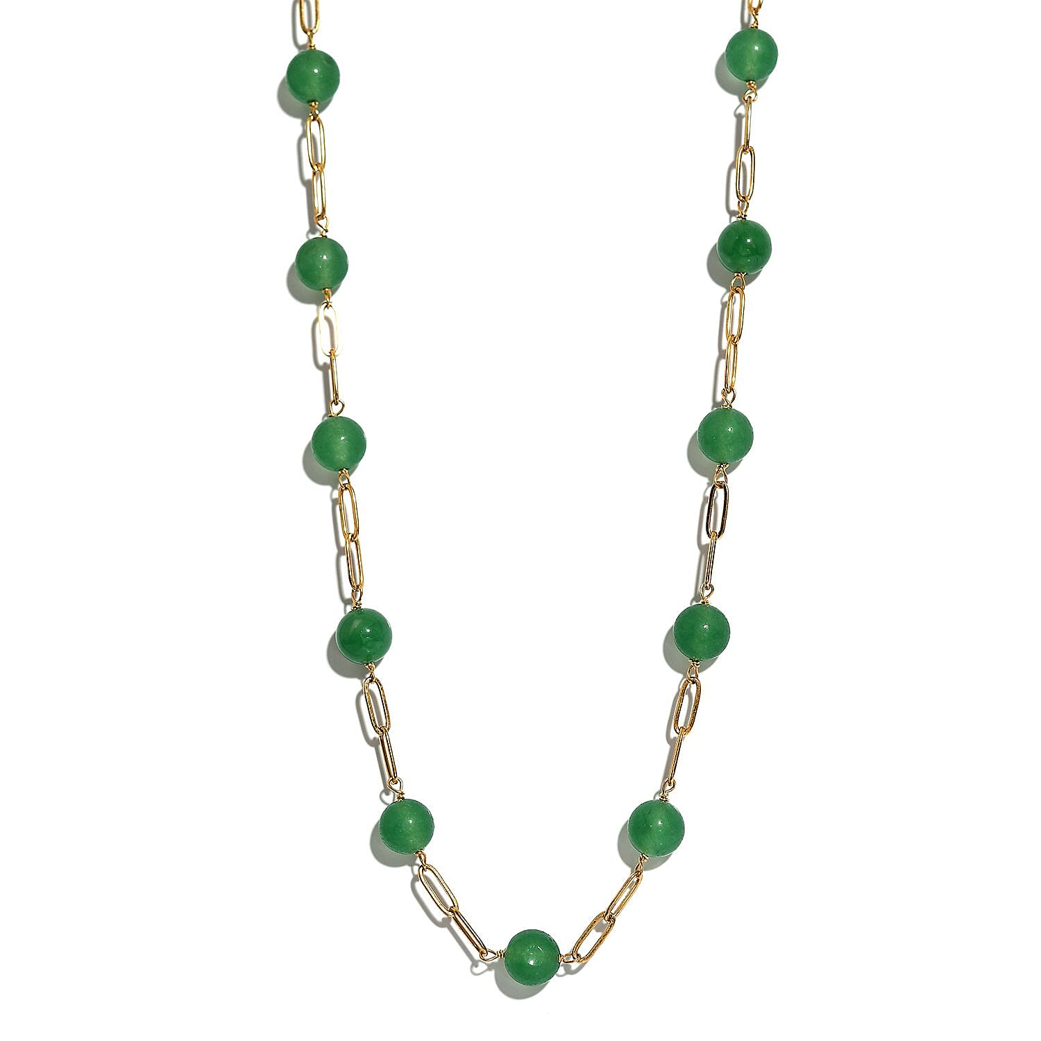 Green Aventurine Paper Clip Chain Station Necklace 20 Inches in ION Plated YG Stainless Steel 1.00 ctw