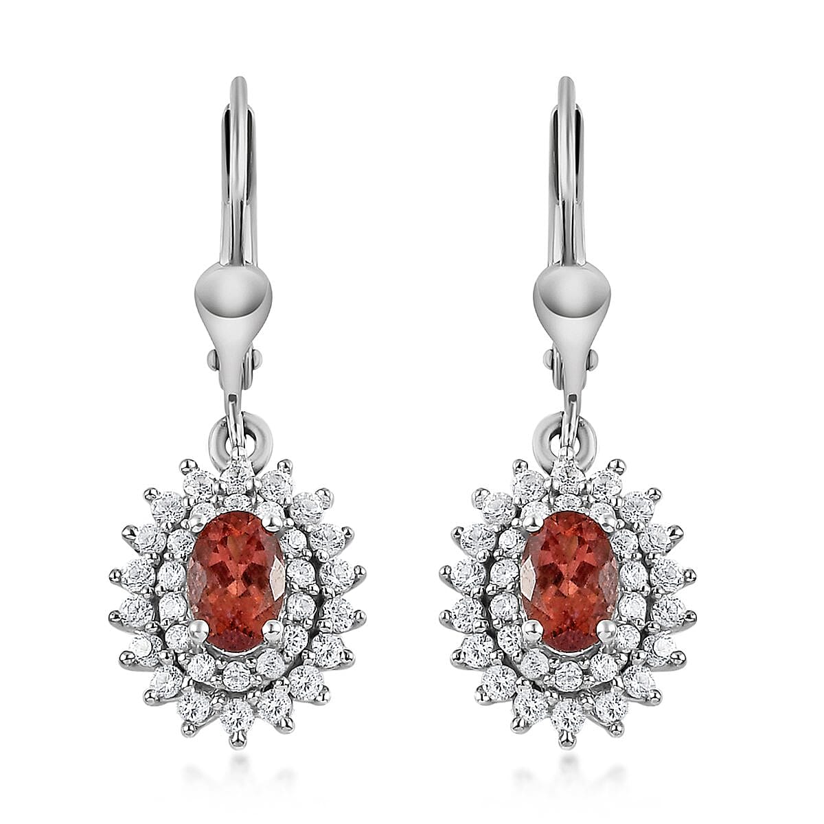 Red Rose Apatite and White Zircon Lever Back Earrings in Platinum Over Sterling Silver 2.00 ctw