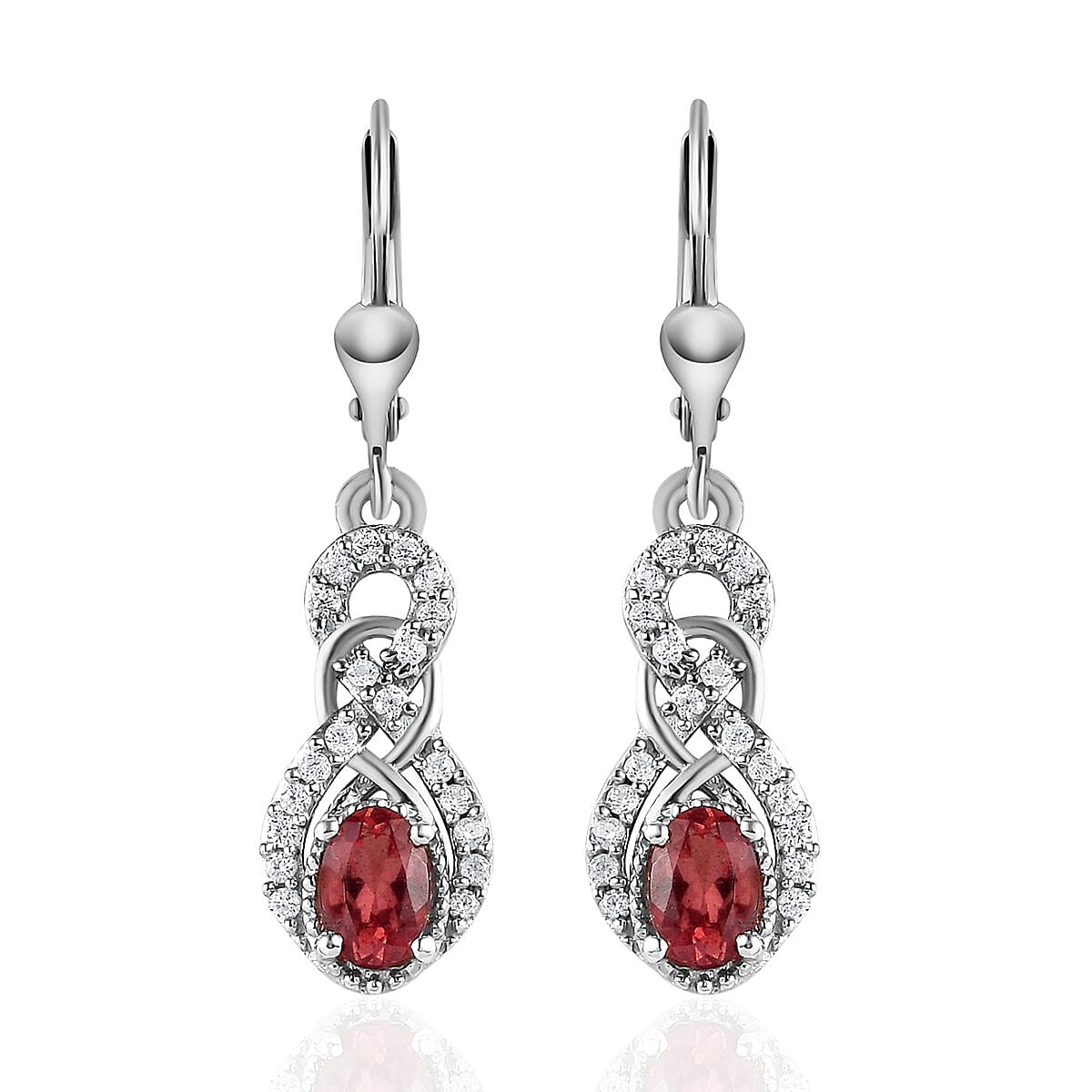 Red Apatite and White Zircon Dangling Earrings in Platinum Over Sterling Silver 1.40 ctw