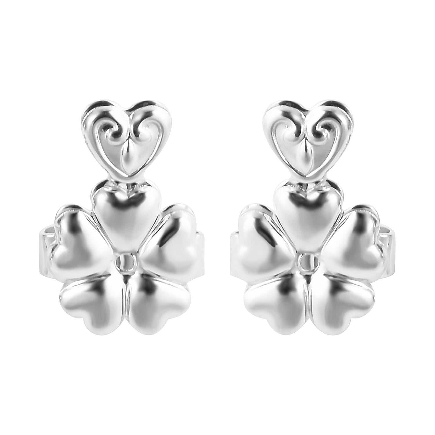 Rhodium Over Sterling Silver Heart and Flower Inspired Earring Lifter Push Backs