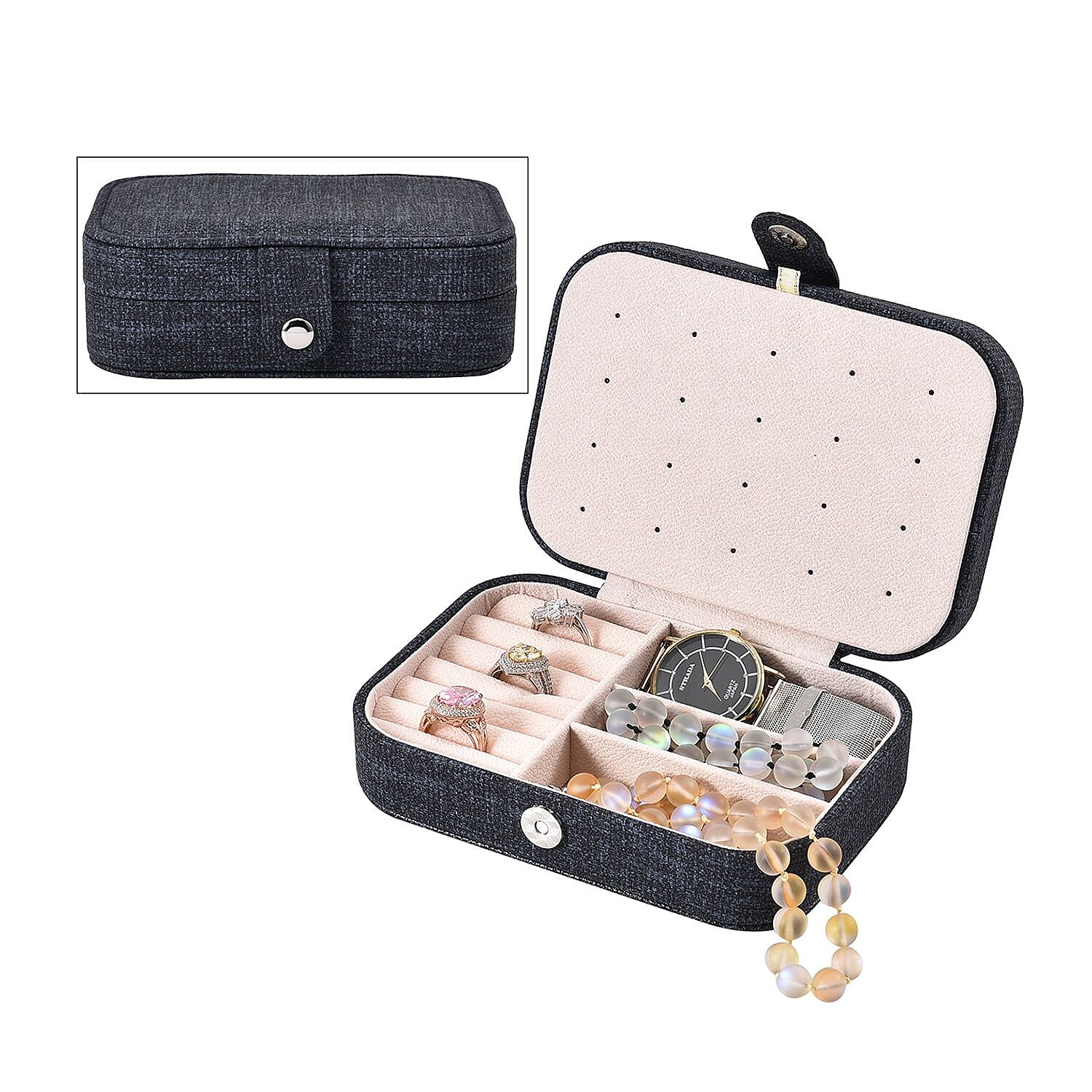 Dark Blue Woven Texture Faux Leather Jewelry Organizer with Button Closure (6.3"x4.5"x2.2")