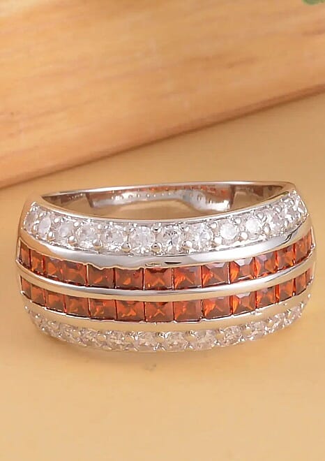 Simulated Garnet and White Diamond Multi Row Band Ring in Silvertone