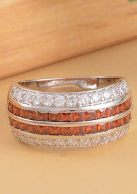 Simulated Garnet and White Diamond Multi Row Band Ring in Silvertone