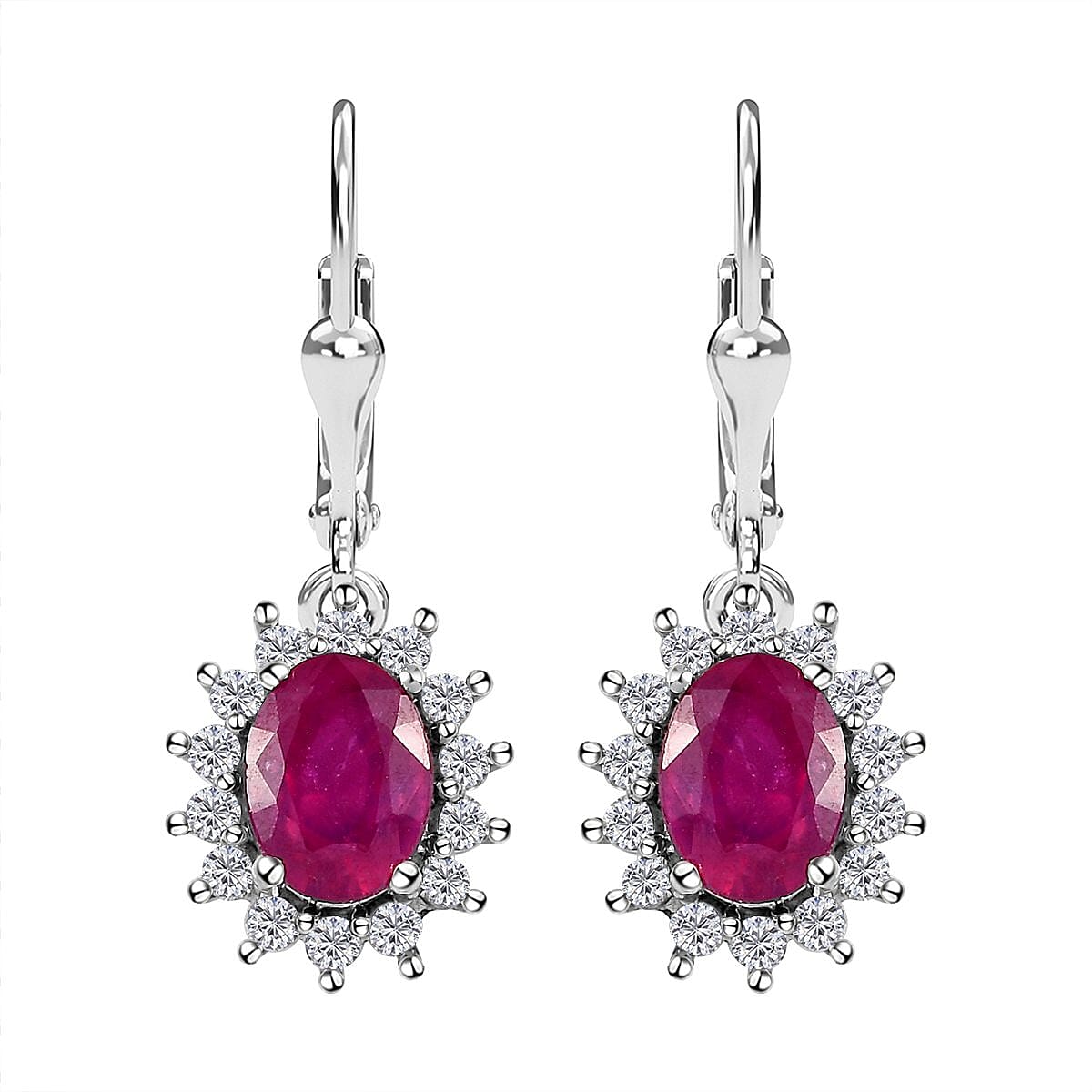 Niassa Ruby and Natural White Zircon Sunburst Lever Back Earrings in Platinum Over Sterling Silver 4.75 ctw