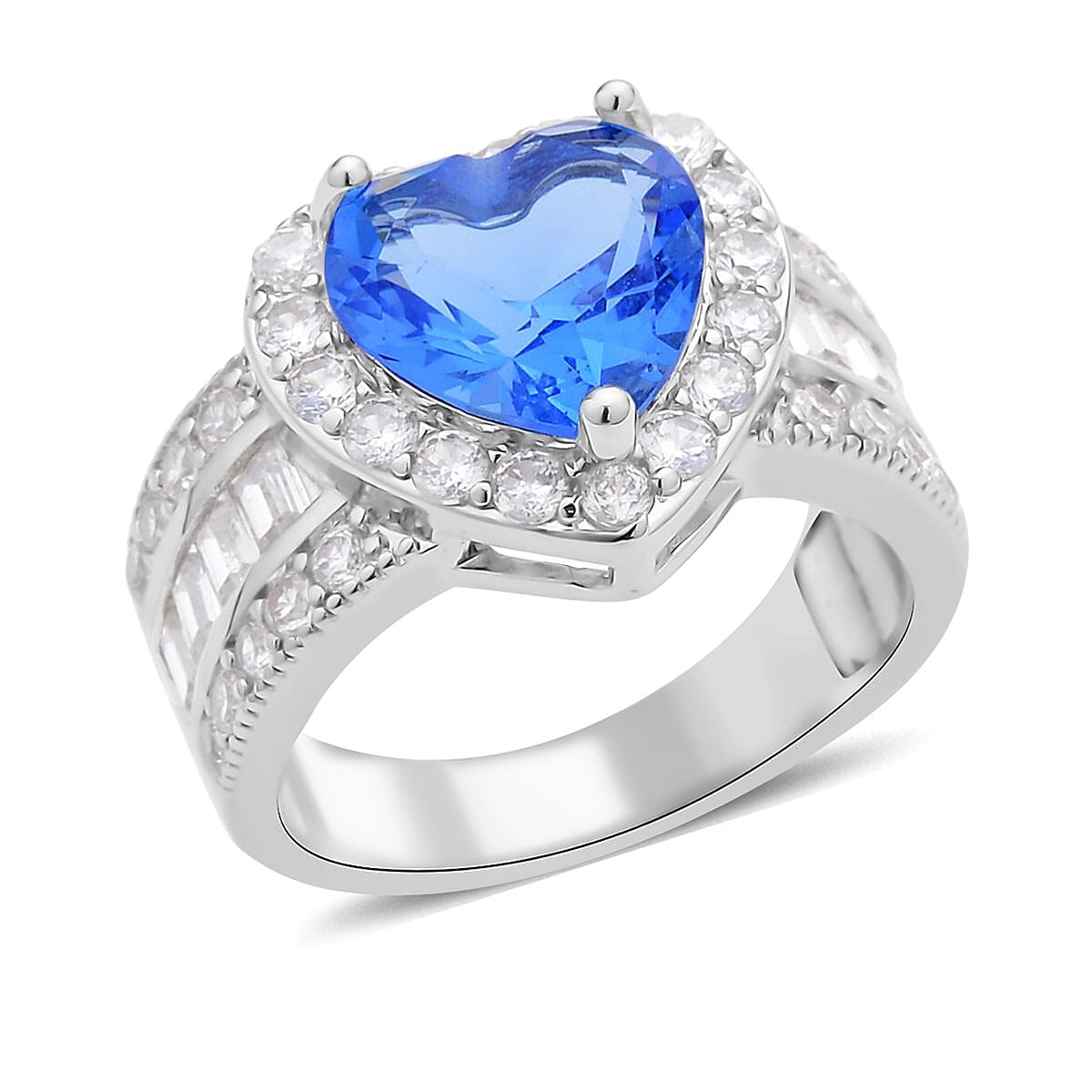 Simulated Blue Sapphire and Simulated Diamond Heart Ring in Silvertone 10.75 ctw