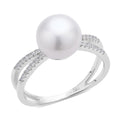 White Freshwater Pearl and Simulated Diamond Split Shank Ring in Rhodium Over Sterling Silver (Size 10.0) 0.25 ctw - Sticky add to cart bar