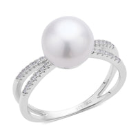 White Freshwater Pearl and Simulated Diamond Split Shank Ring in Rhodium Over Sterling Silver (Size 10.0) 0.25 ctw