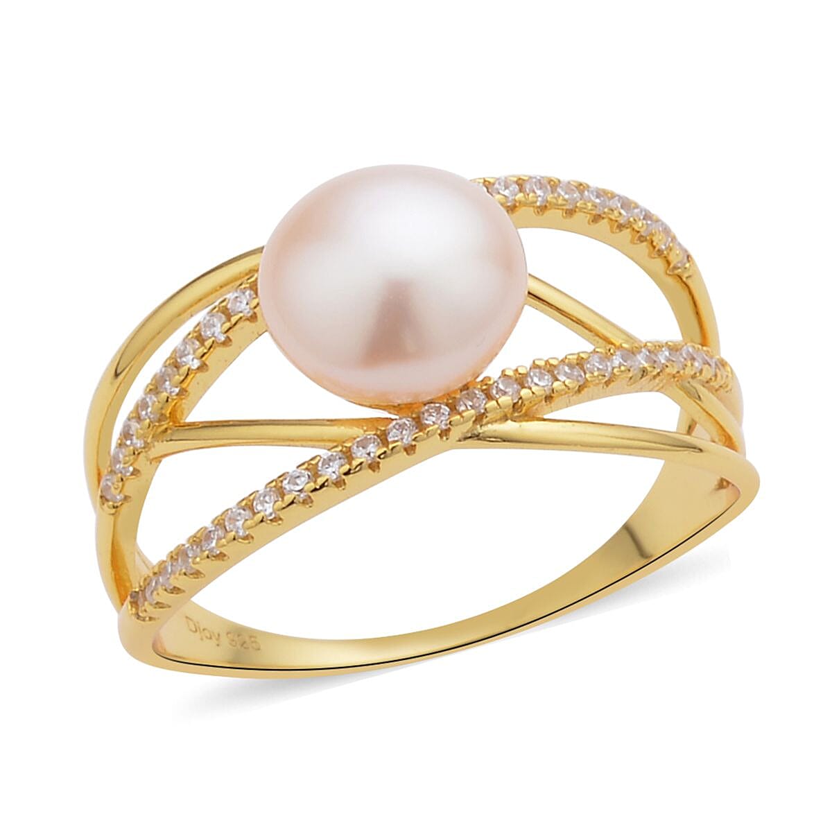 Peach Freshwater Pearl and Simulated Diamond Multi Shank Ring in 14K Yellow Gold Over Sterling Silver 0.35 ctw