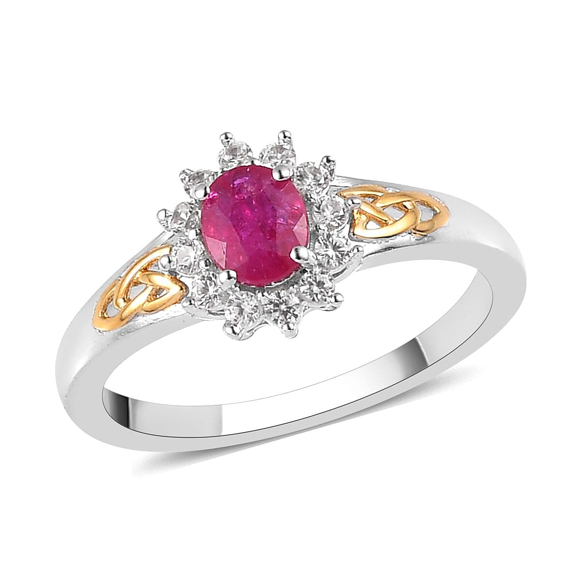 Premium Montepuez Ruby and Natural White Zircon Trinity Knot Ring in Vermeil Yellow Gold and Platinum Over Sterling Silver 0.65 ctw