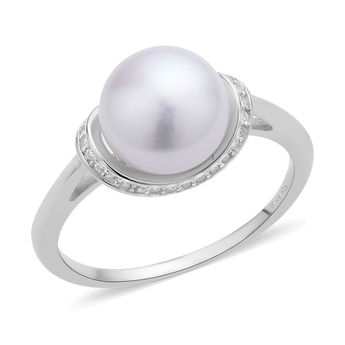 White Freshwater Pearl and Simulated Diamond Ring in Rhodium Over Sterling Silver 0.25 ctw