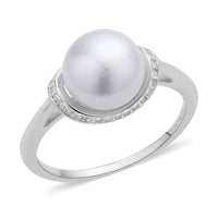 White Freshwater Pearl and Simulated Diamond Ring in Rhodium Over Sterling Silver 0.25 ctw
