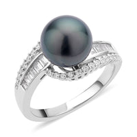 Tahitian Cultured Pearl and Natural White Zircon Ring in Rhodium Over Sterling Silver 0.75 ctw