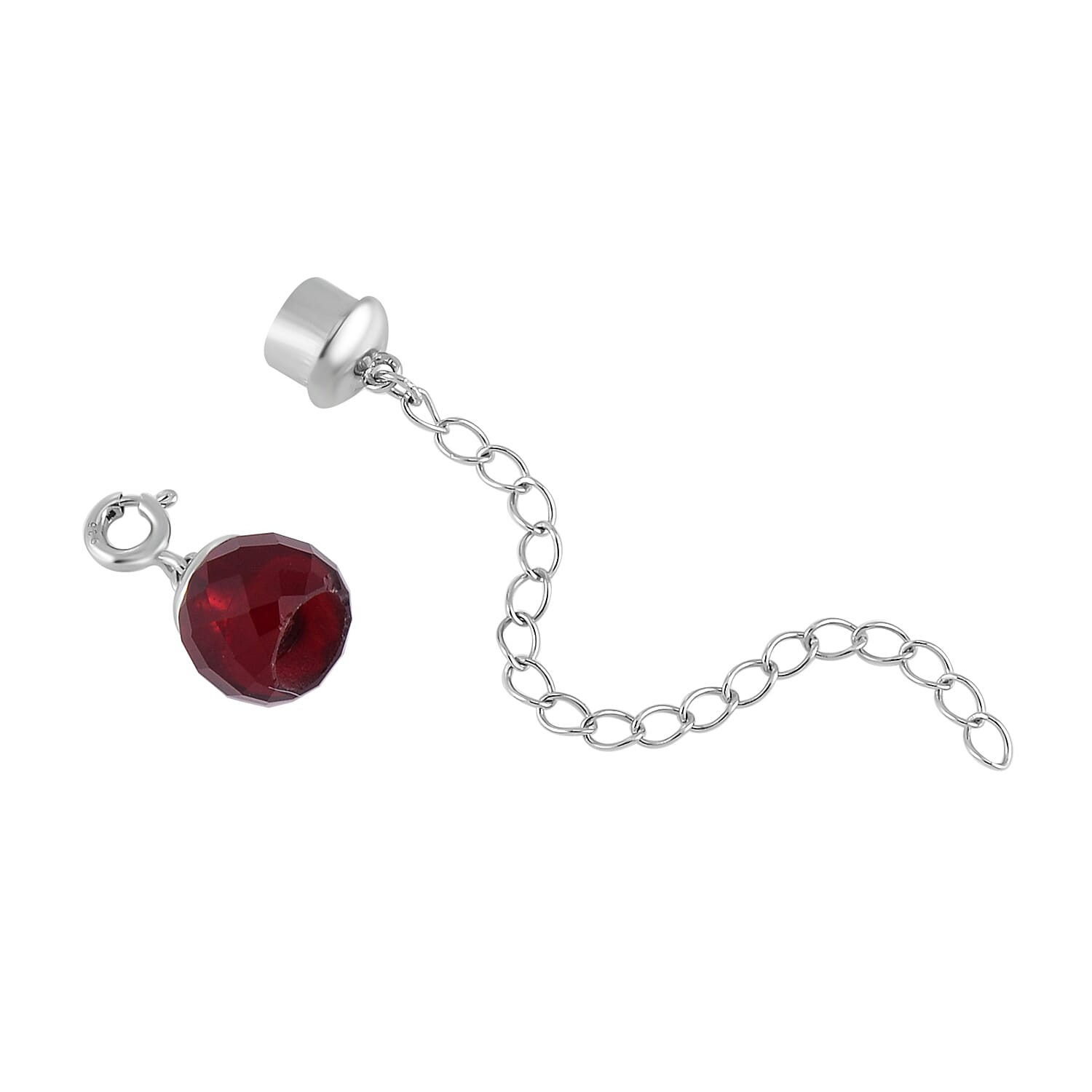 Red Glass Magnetic Lock 2Inch Extender Chain with 9mm Lobster Lock in Rhodium Over Sterling Silver