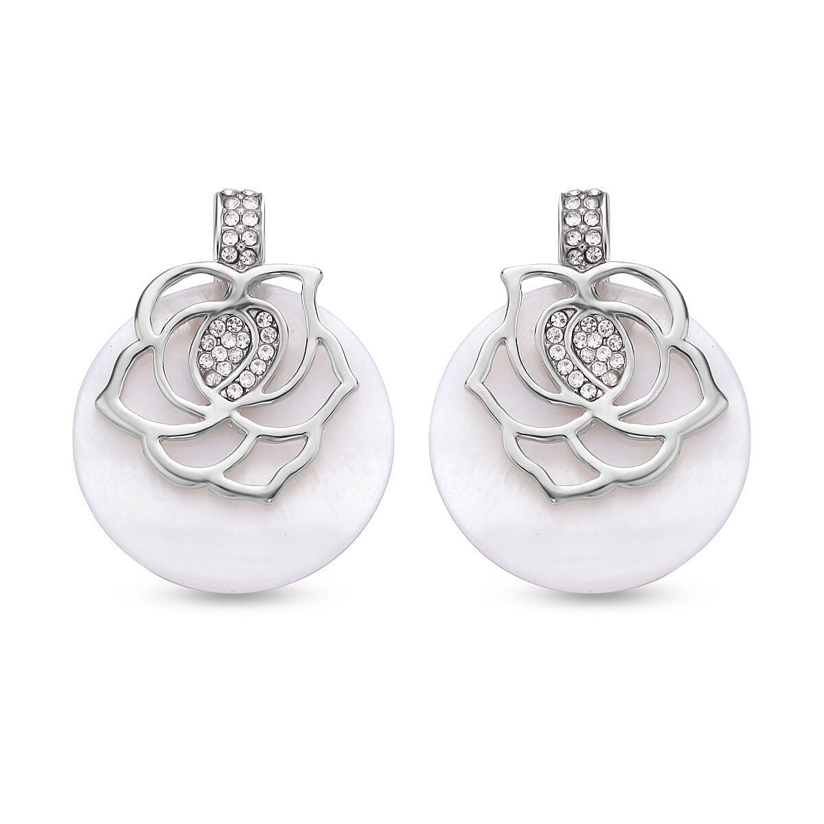 Austrian Crystal, White Shell Pearl Earrings in Silvertone