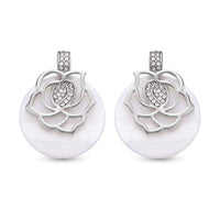 Austrian Crystal, White Shell Pearl Earrings in Silvertone