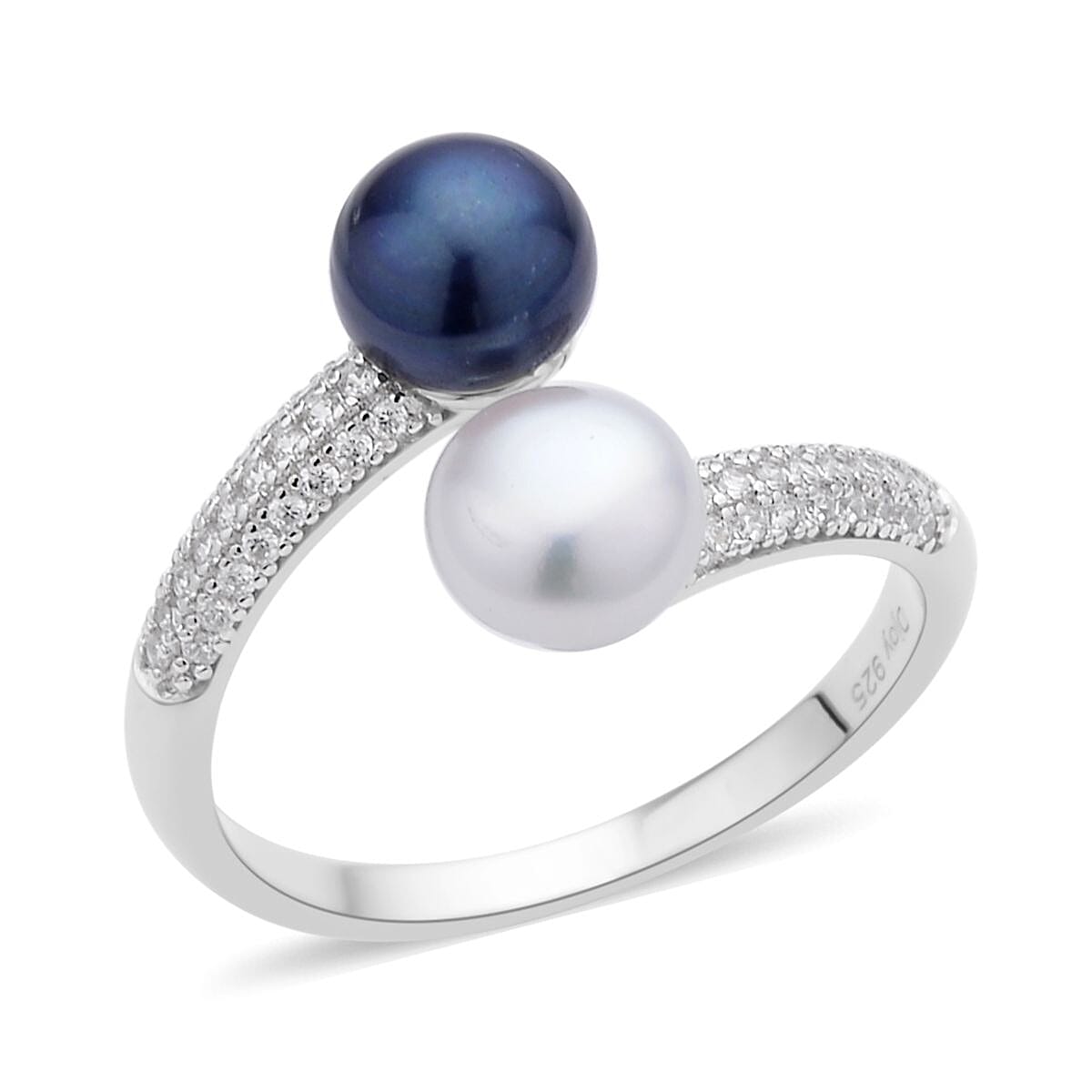 Freshwater White and Peacock Pearl and Simulated Diamond Bypass Ring in Rhodium Over Sterling Silver (Size 10.0) 0.40 ctw