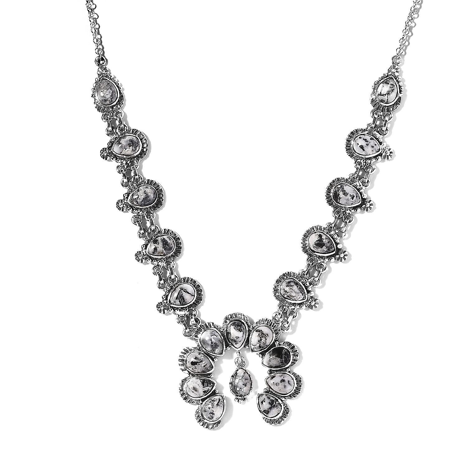 American Natural White Buffalo Squash Blossom Necklace 18 Inches in Sterling Silver 14.90 Grams 15.60 ctw