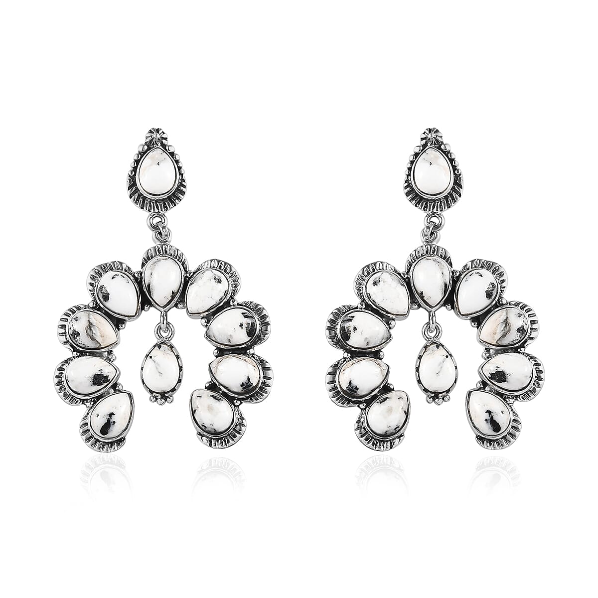 American Natural White Buffalo Squash Blossom Earrings in Sterling Silver 9.50 Grams 17.75 ctw