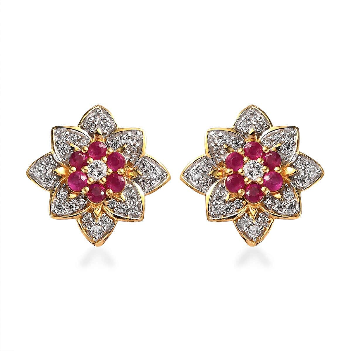 Premium Montepuez Ruby and White Zircon Floral Stud Earrings in Vermeil Yellow Gold Over Sterling Silver 2.00 ctw