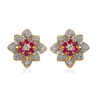 Premium Montepuez Ruby and White Zircon Floral Stud Earrings in Vermeil Yellow Gold Over Sterling Silver 2.00 ctw