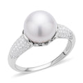 White Freshwater Pearl and Simulated Diamond Ring in Rhodium Over Sterling Silver 0.15 ctw - Sticky add to cart bar
