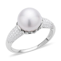 White Freshwater Pearl and Simulated Diamond Ring in Rhodium Over Sterling Silver 0.15 ctw