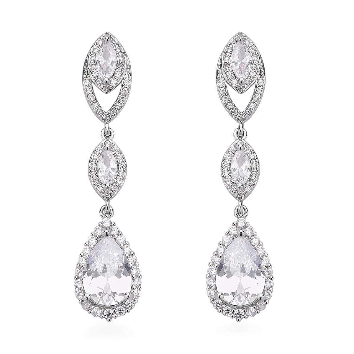 Simulated Diamond Dangle Earrings in Silvertone and Stainless Steel 5.10 ctw , Tarnish-Free, Waterproof, Sweat Proof Jewelry