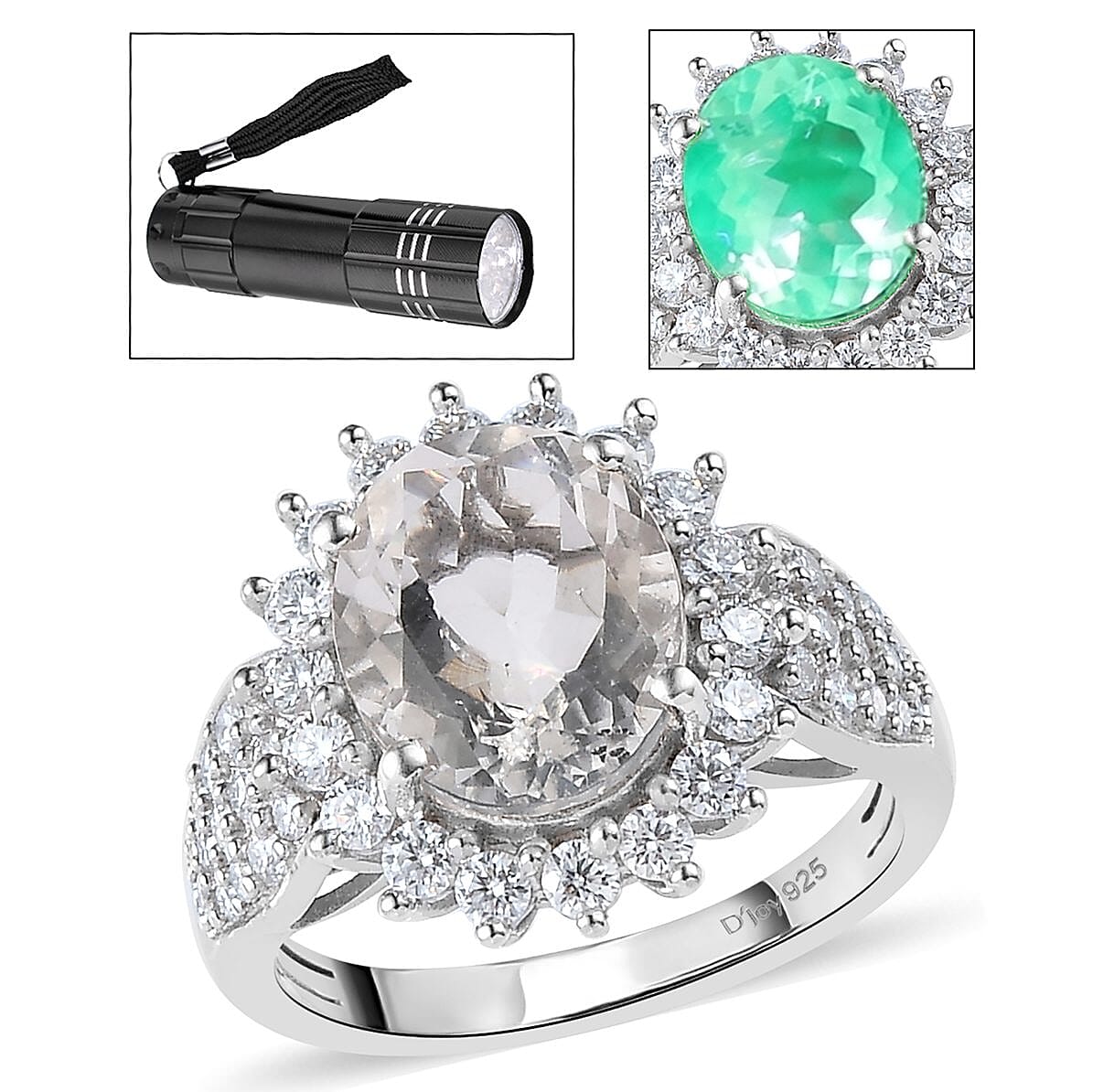 Mexican Hyalite Opal and Moissanite Ring in Platinum Over Sterling Silver With UV Torch 3.60 ctw