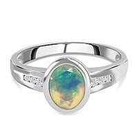 Ethiopian Welo Opal and White Zircon 0.96 ctw Ring in Platinum Over Sterling Silver (Size 10)