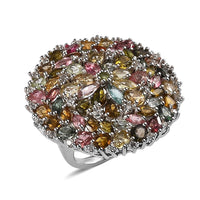 Multi-Tourmaline, Natural White Zircon Floral Ring in Platinum Over Sterling Silver (Size 10.0) (9.50 g) 7.90 ctw
