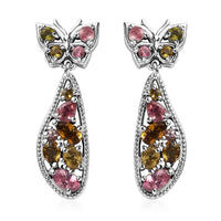 Multi-Tourmaline Butterfly Dangling Earrings in Platinum Over Sterling Silver 2.25 ctw