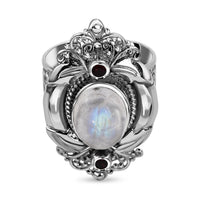 Rainbow Moonstone, Mozambique Garnet Ring in Sterling Silver (Size 5.5) 6.30 ctw